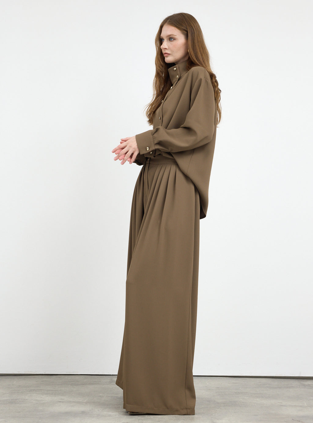 Brown Pleated Wide-Leg Trouser Shirt -Set