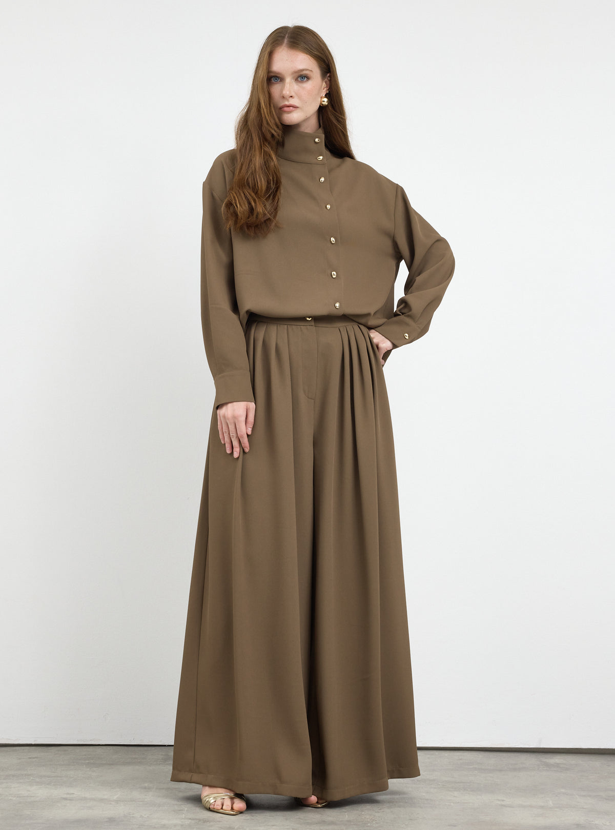 Brown Pleated Wide-Leg Trouser Shirt -Set