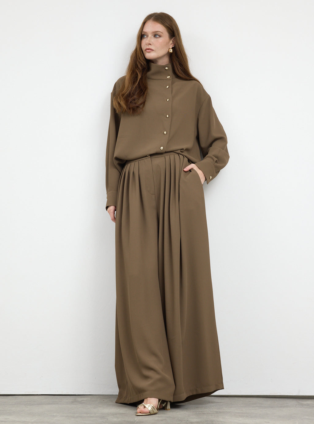 Brown Pleated Wide-Leg Trouser Shirt -Set
