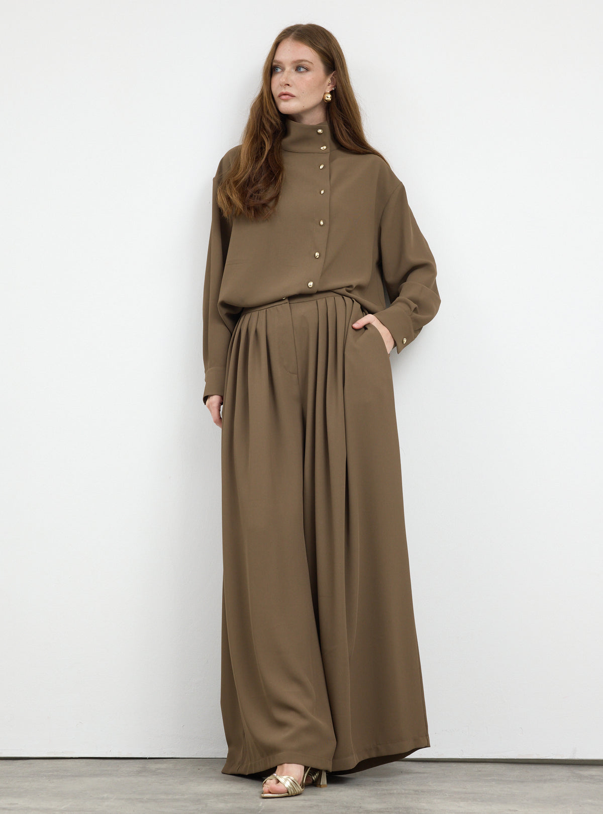 Brown Pleated Wide-Leg Trouser Shirt -Set