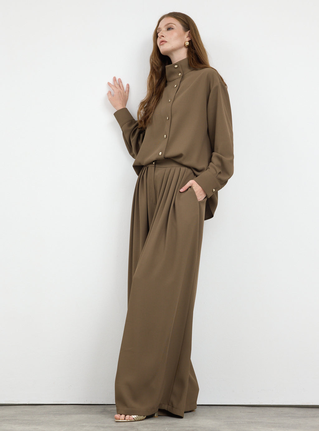 Brown Pleated Wide-Leg Trouser Shirt -Set