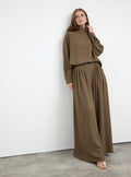 Brown Pleated Wide-Leg Trouser Shirt -Set
