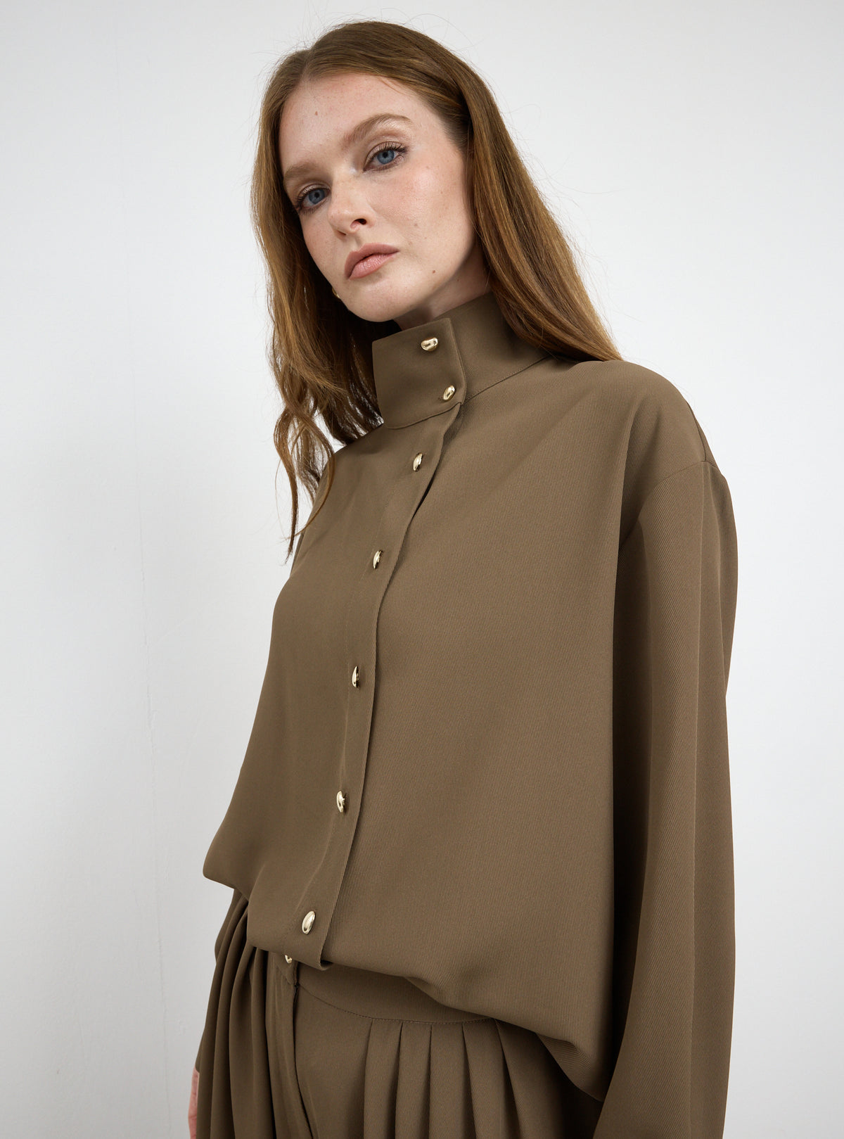 Brown Pleated Wide-Leg Trouser Shirt -Set