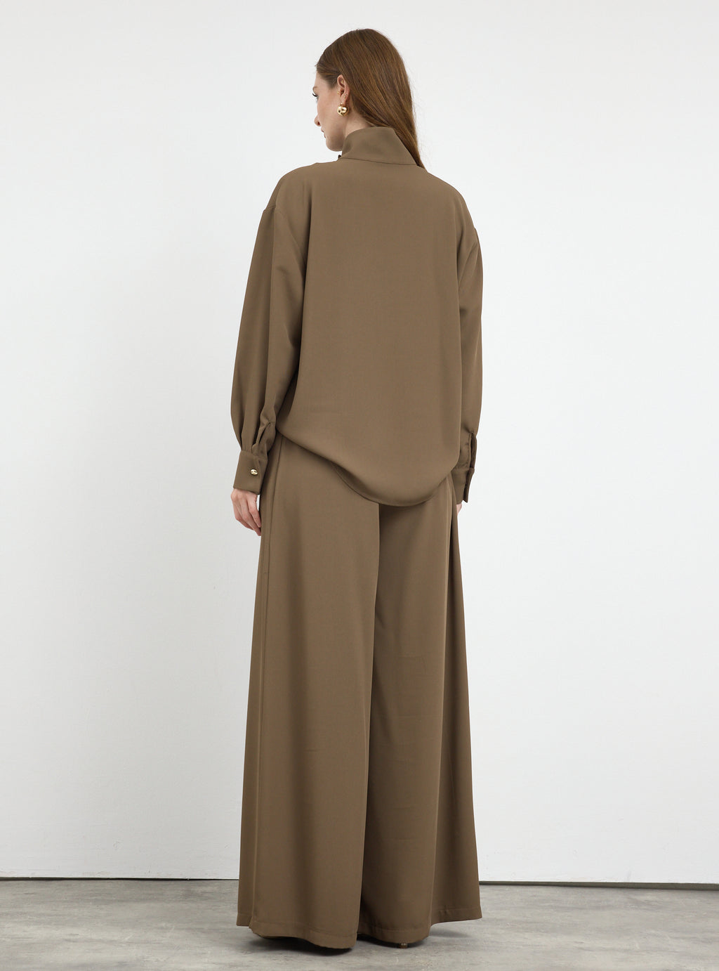 Brown Pleated Wide-Leg Trouser Shirt -Set