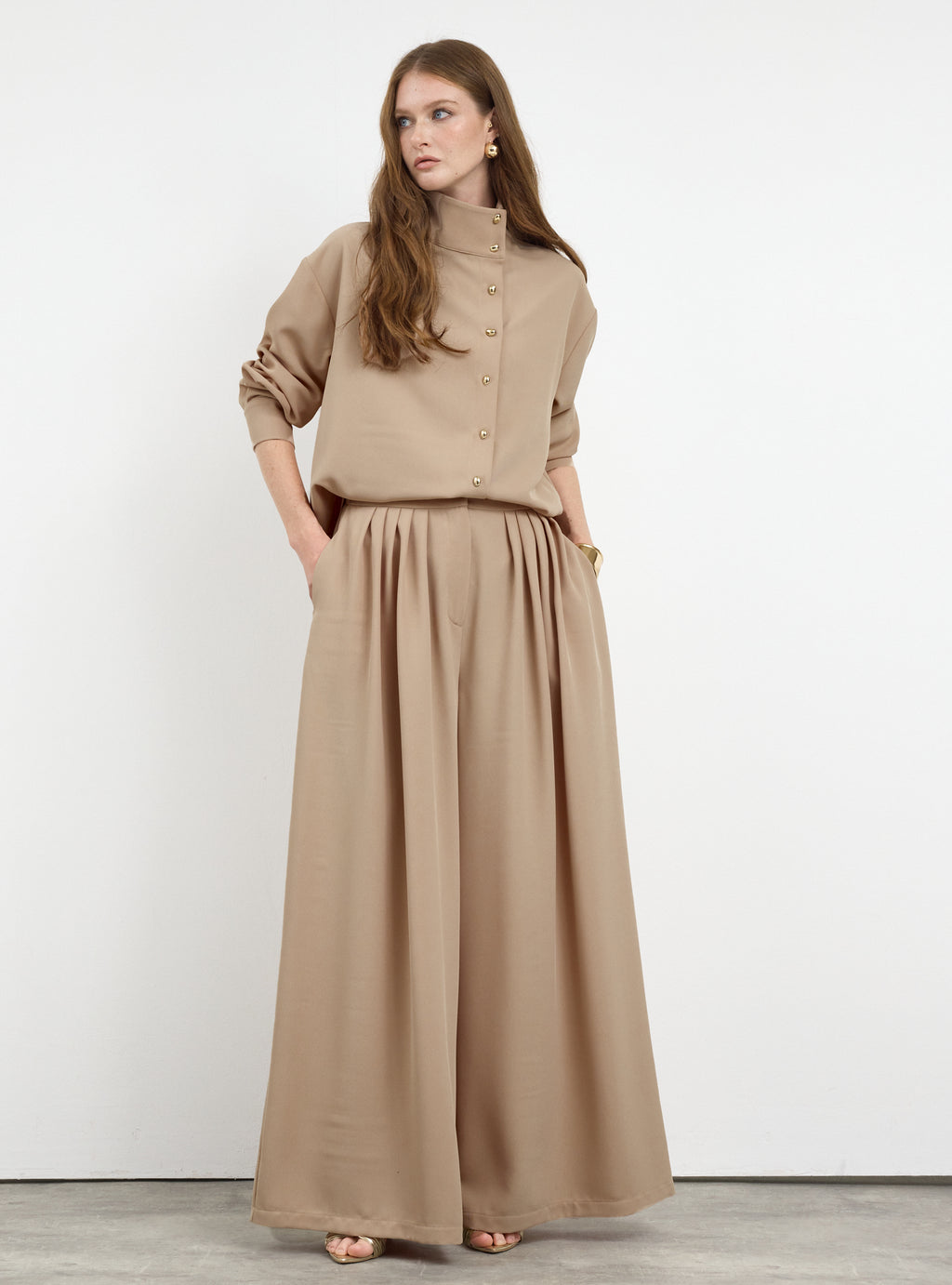 Nude Pleated Wide-Leg Trouser Shirt -Set