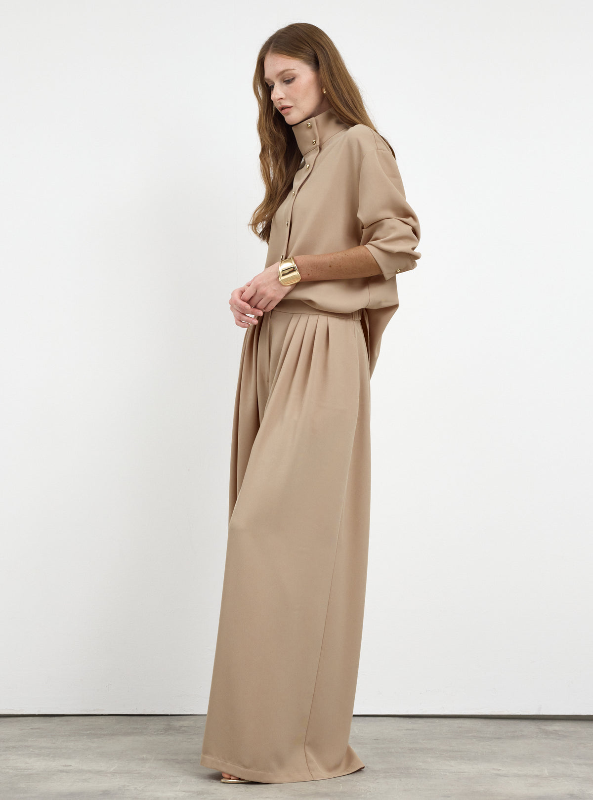 Nude Pleated Wide-Leg Trouser Shirt -Set