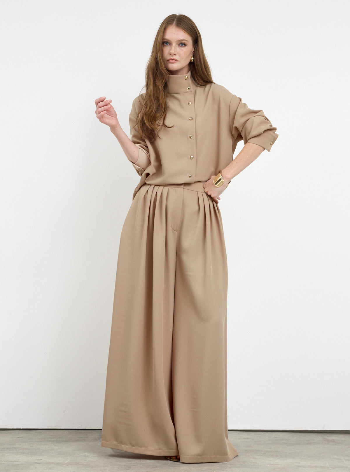 Nude Pleated Wide-Leg Trouser Shirt -Set