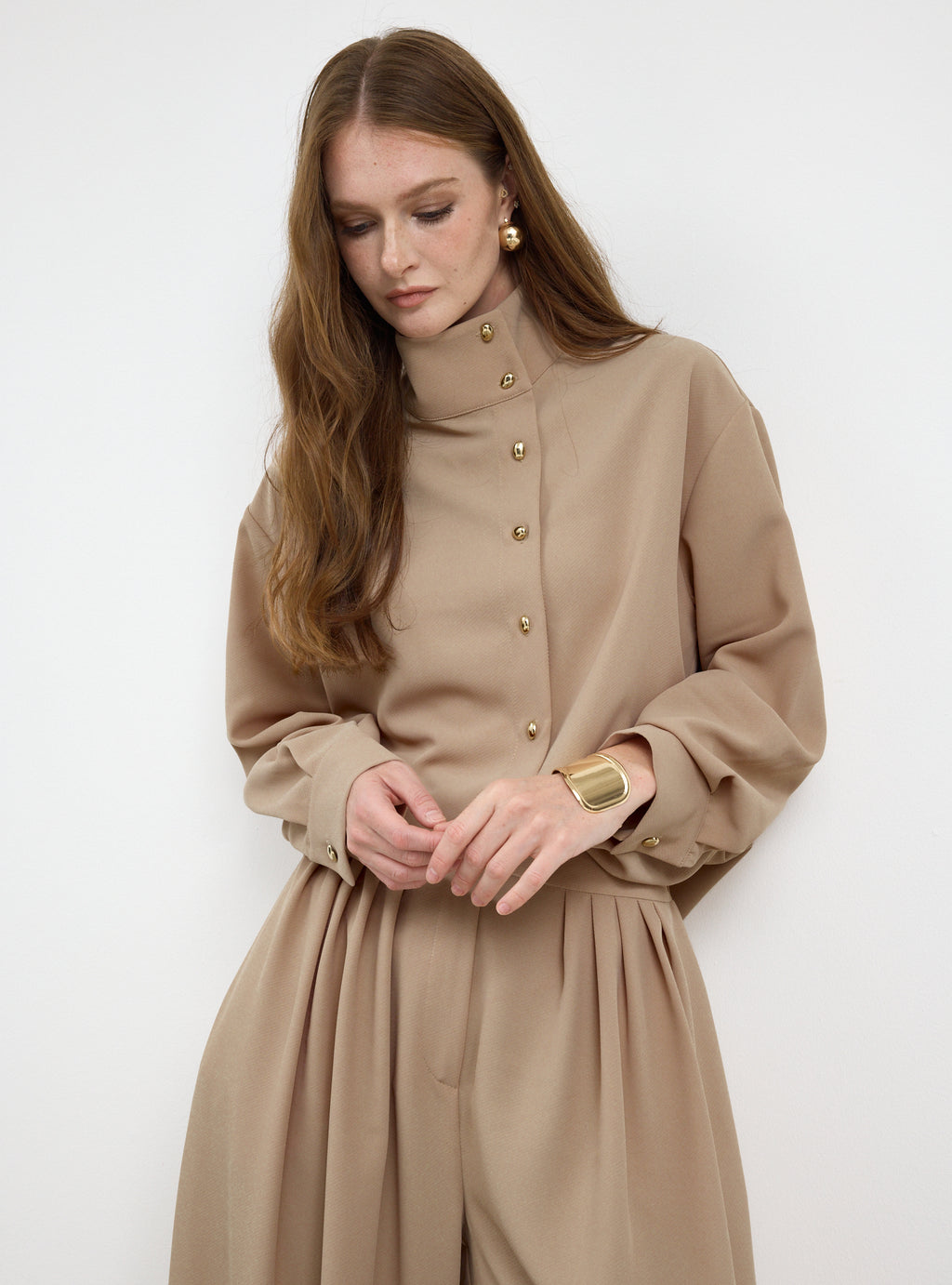 Nude Pleated Wide-Leg Trouser Shirt -Set