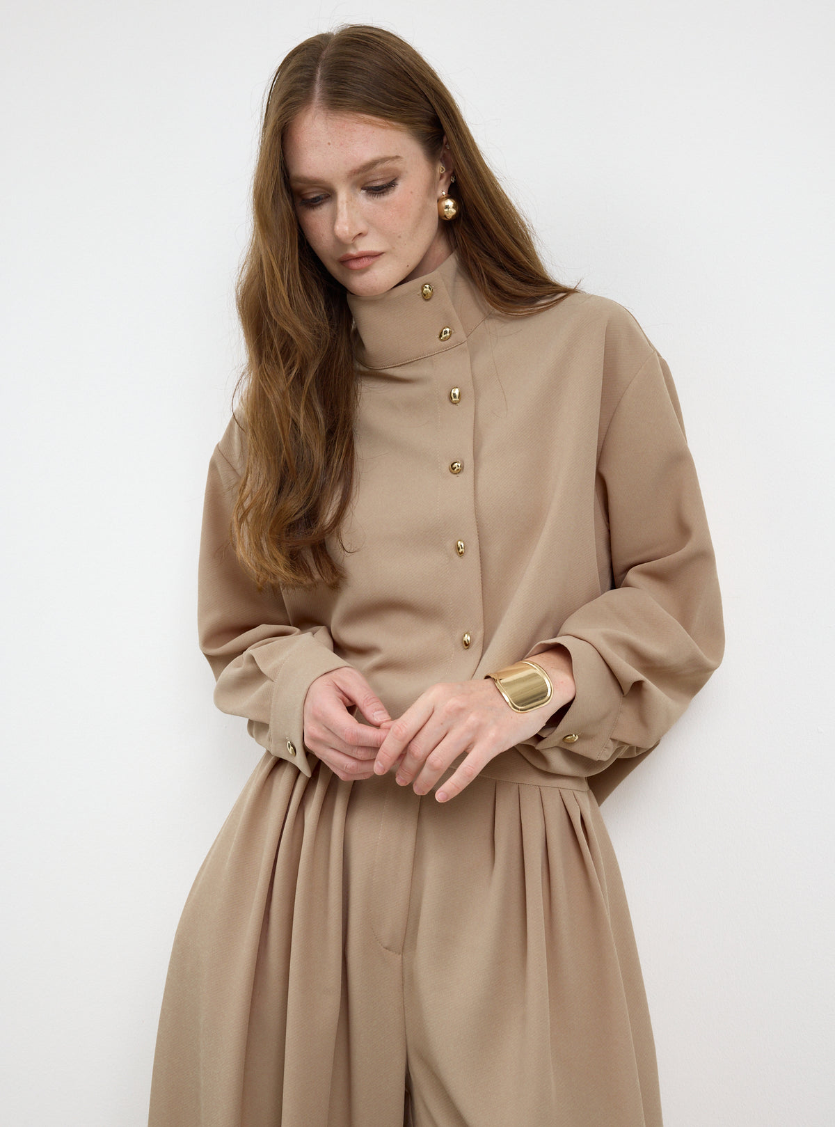 Nude Pleated Wide-Leg Trouser Shirt -Set