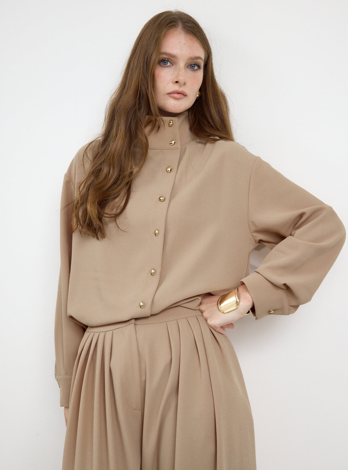 Nude Pleated Wide-Leg Trouser Shirt -Set