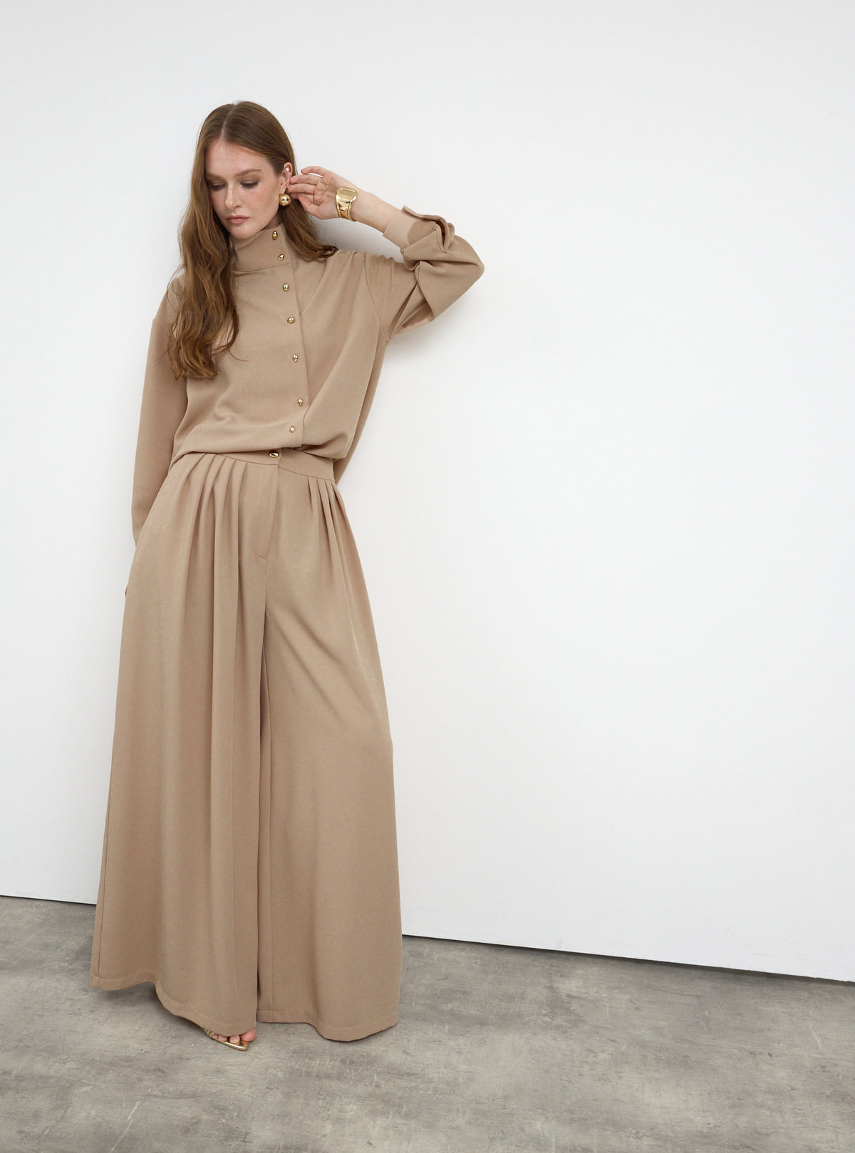 Nude Pleated Wide-Leg Trouser Shirt -Set