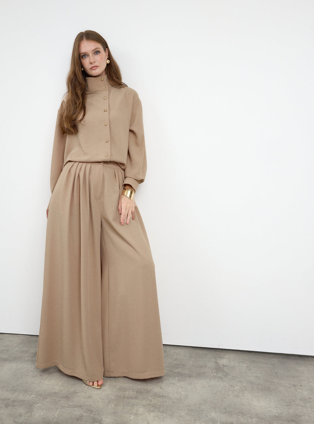 Nude Pleated Wide-Leg Trouser Shirt -Set