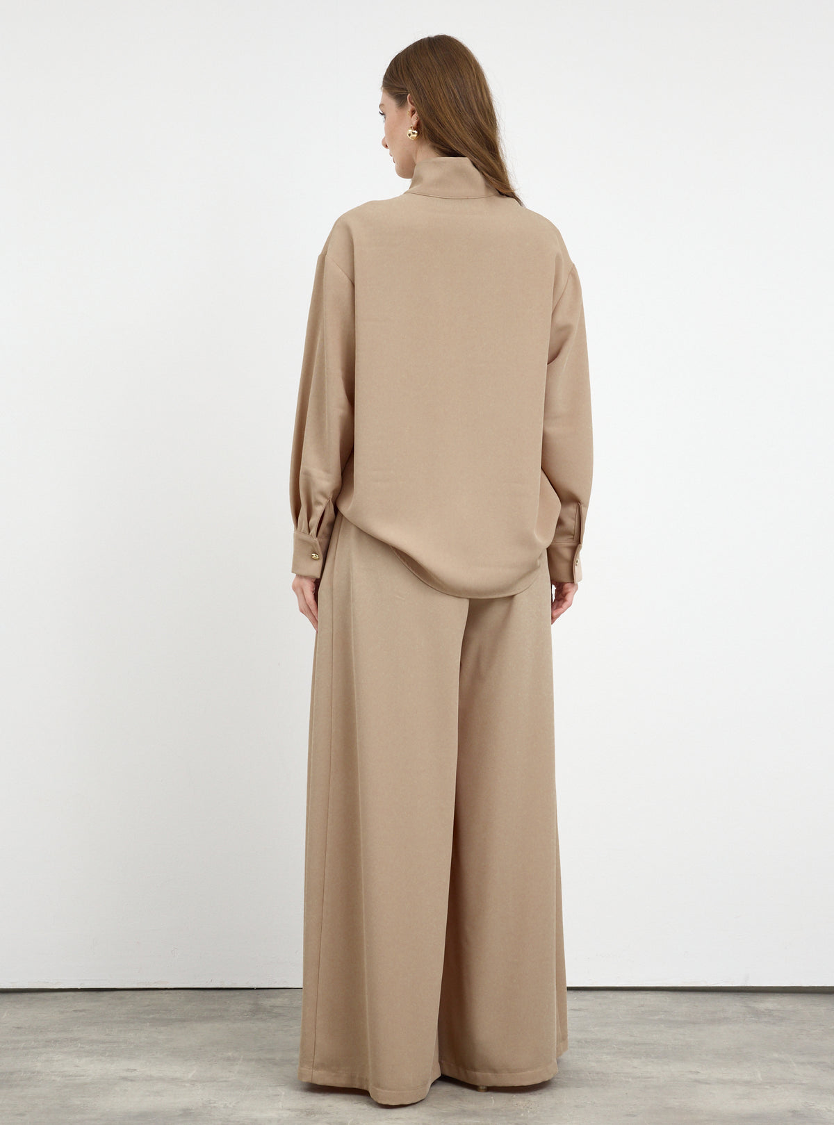 Nude Pleated Wide-Leg Trouser Shirt -Set