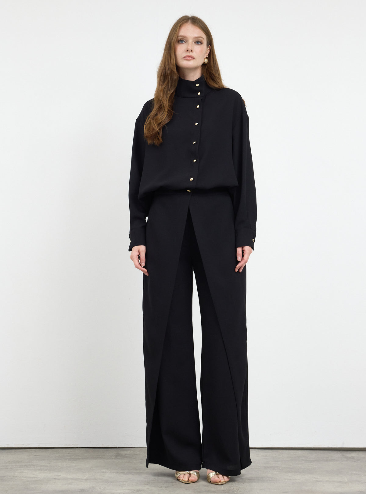 Black Shirt & Wide-Leg Trousers Set