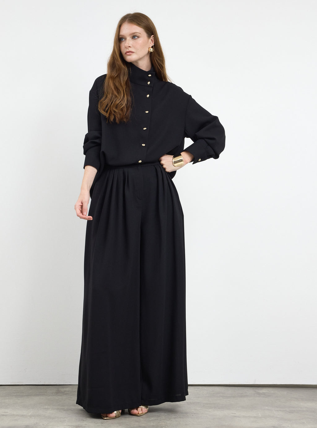 Black Pleated Wide-Leg Trouser Shirt -Set