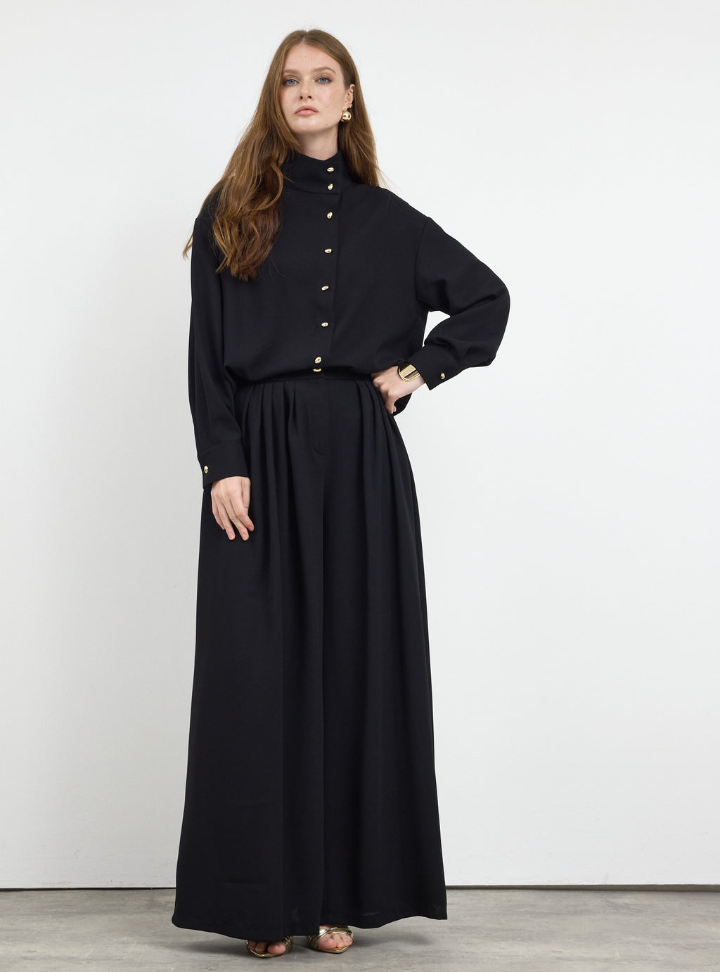 Black Pleated Wide-Leg Trouser Shirt -Set