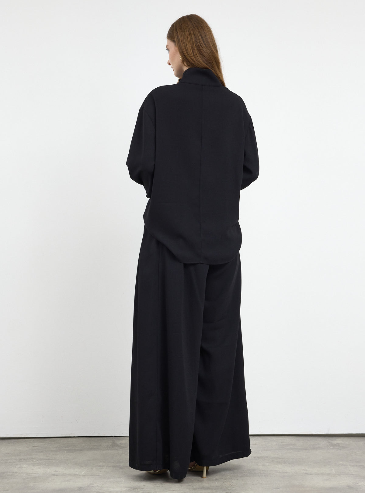 Black Pleated Wide-Leg Trouser Shirt -Set