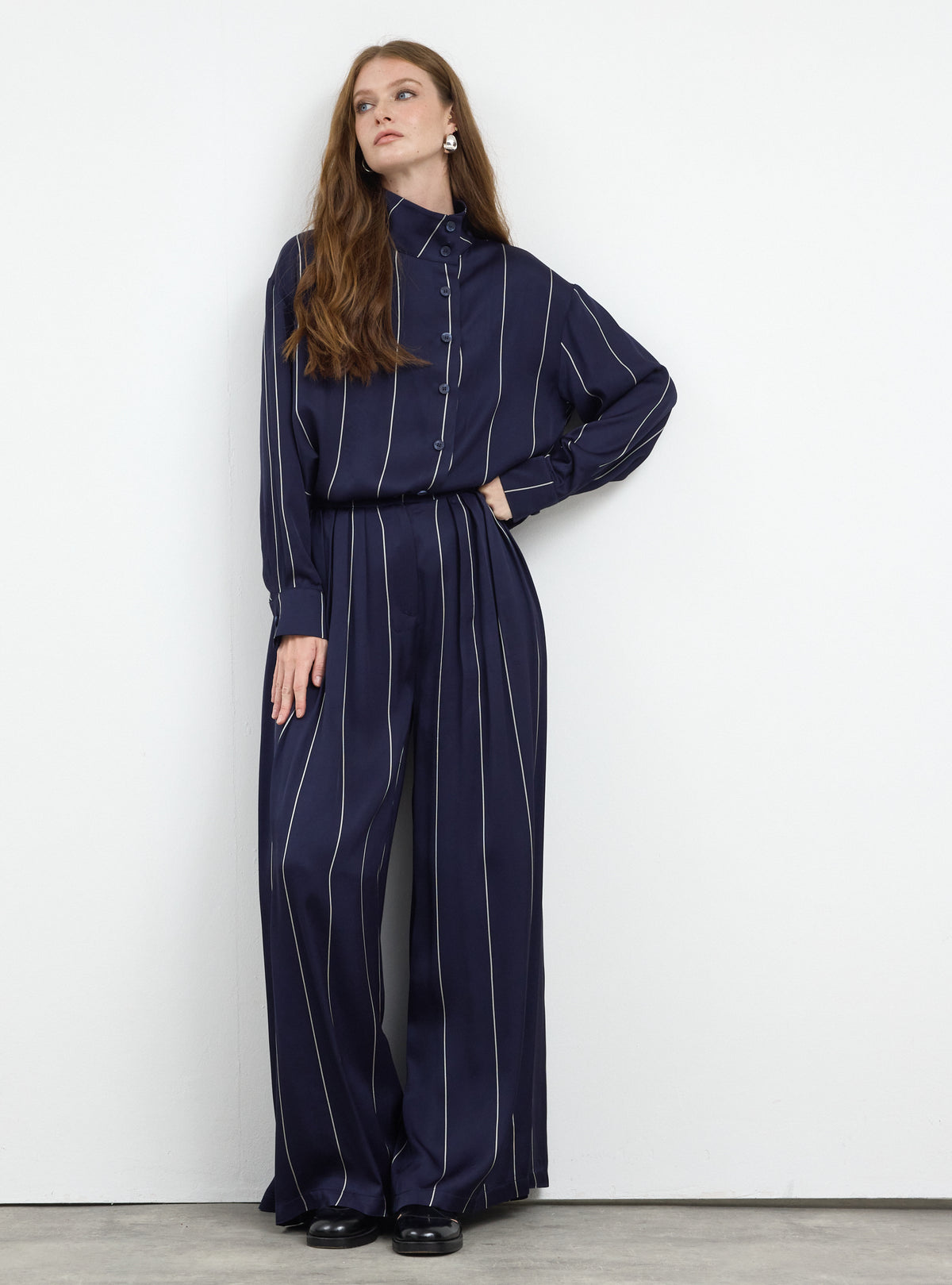 Navy Stripe Pleated Wide-Leg Trouser Shirt -Set