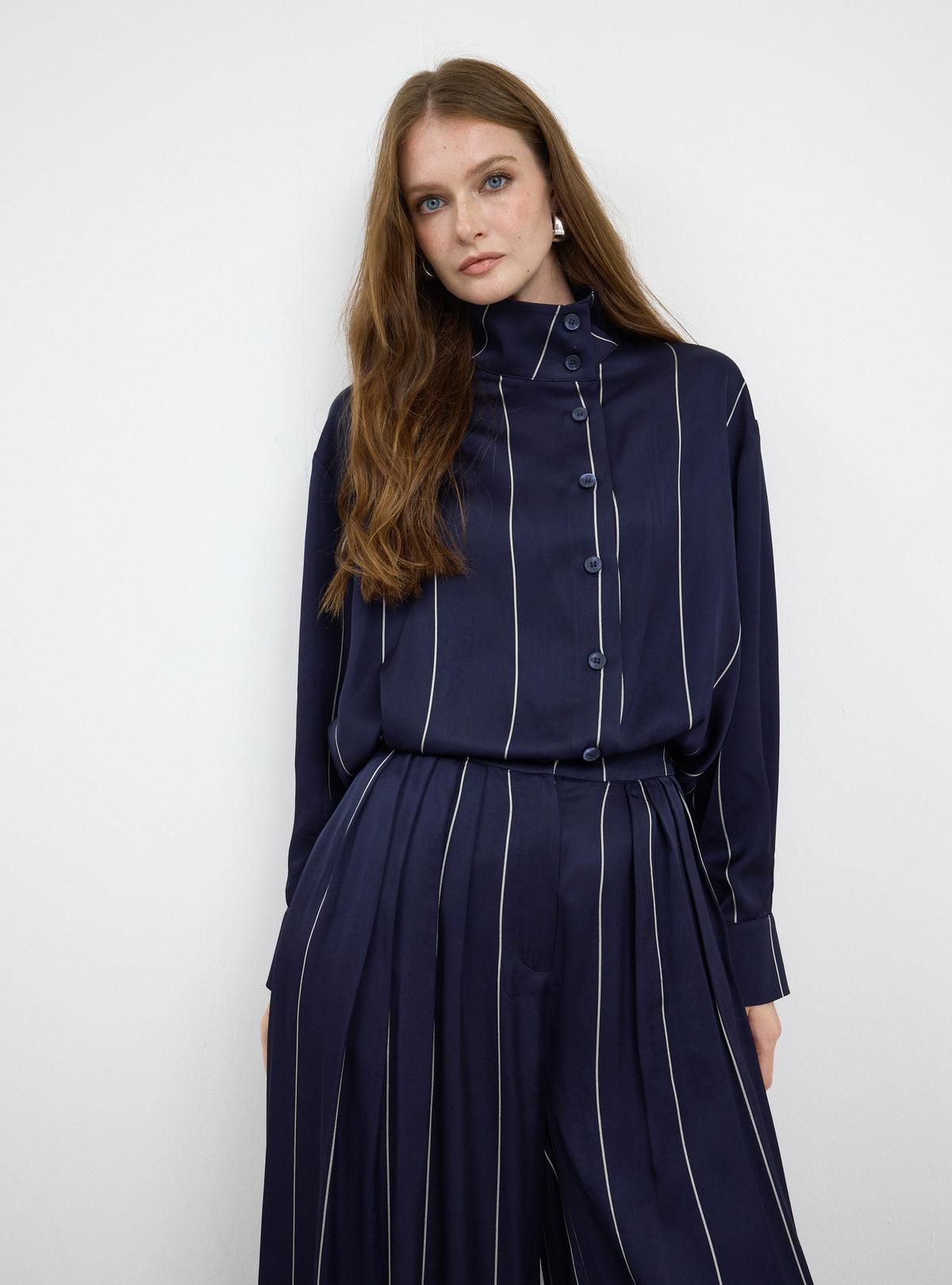 Navy Stripe Pleated Wide-Leg Trouser Shirt -Set