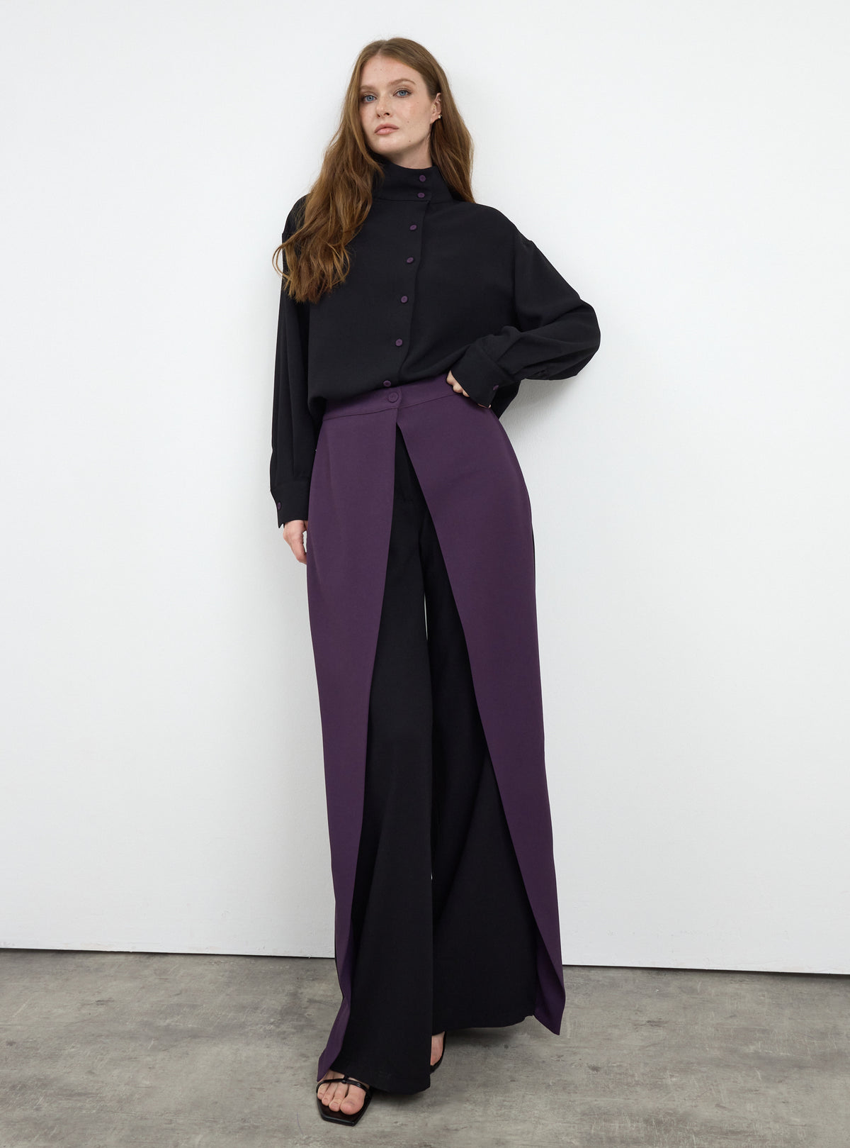 Black-Purple Shirt & Wide-Leg Trousers Set