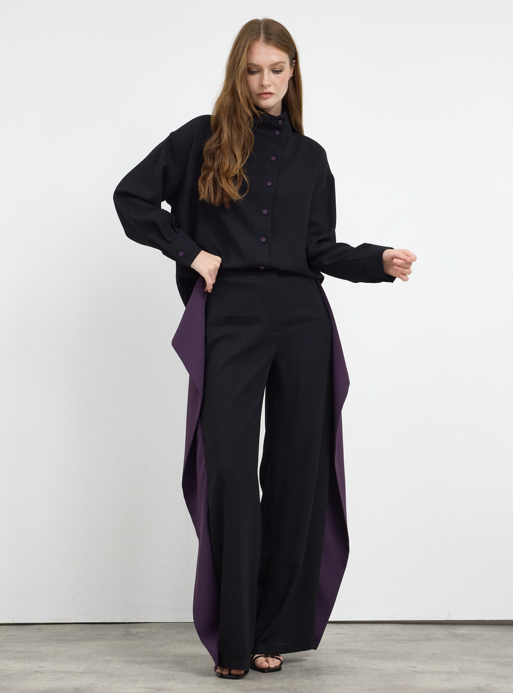 Black-Purple Shirt & Wide-Leg Trousers Set