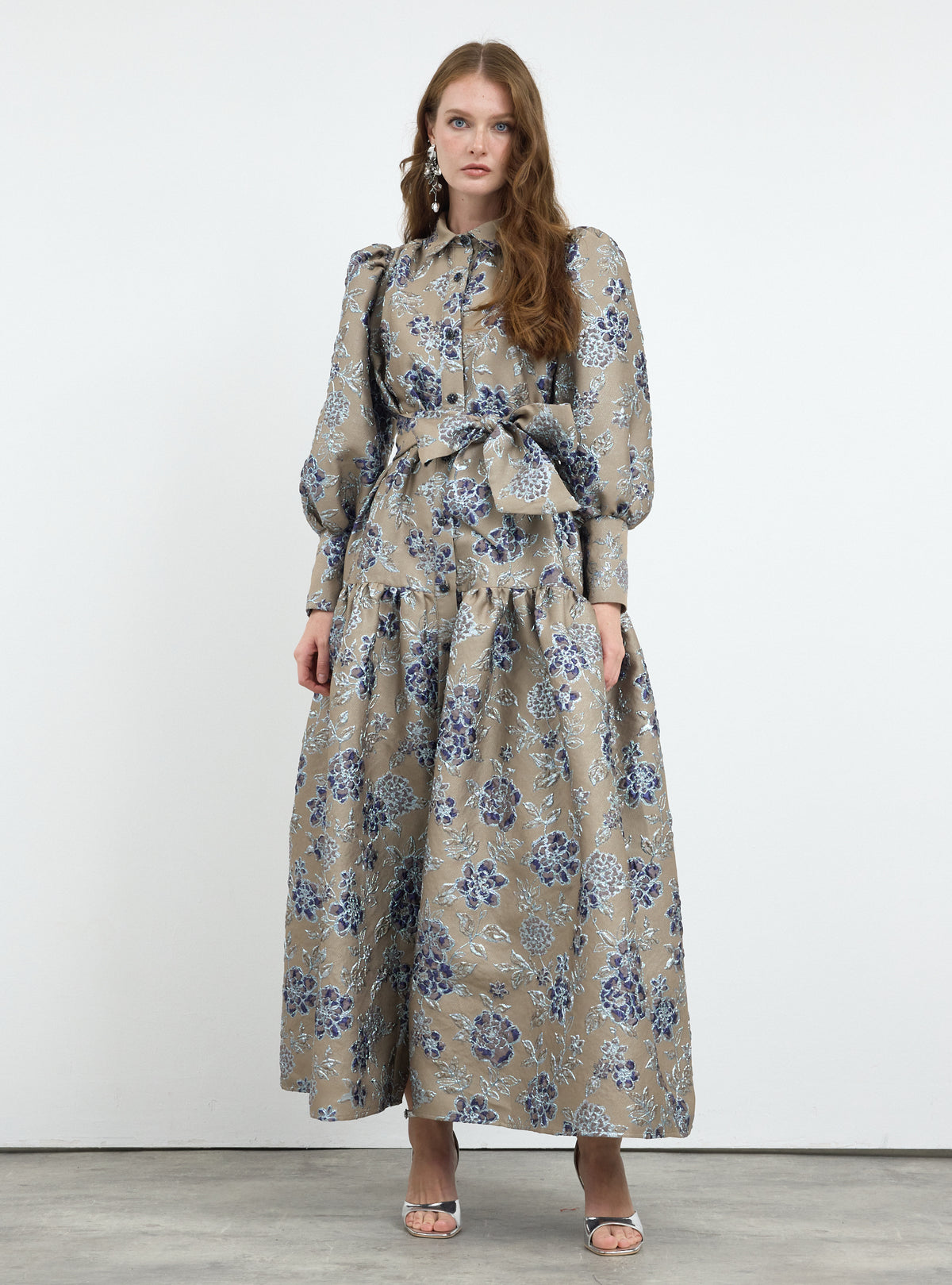 Crystal Button Jacquard Maxi Dress