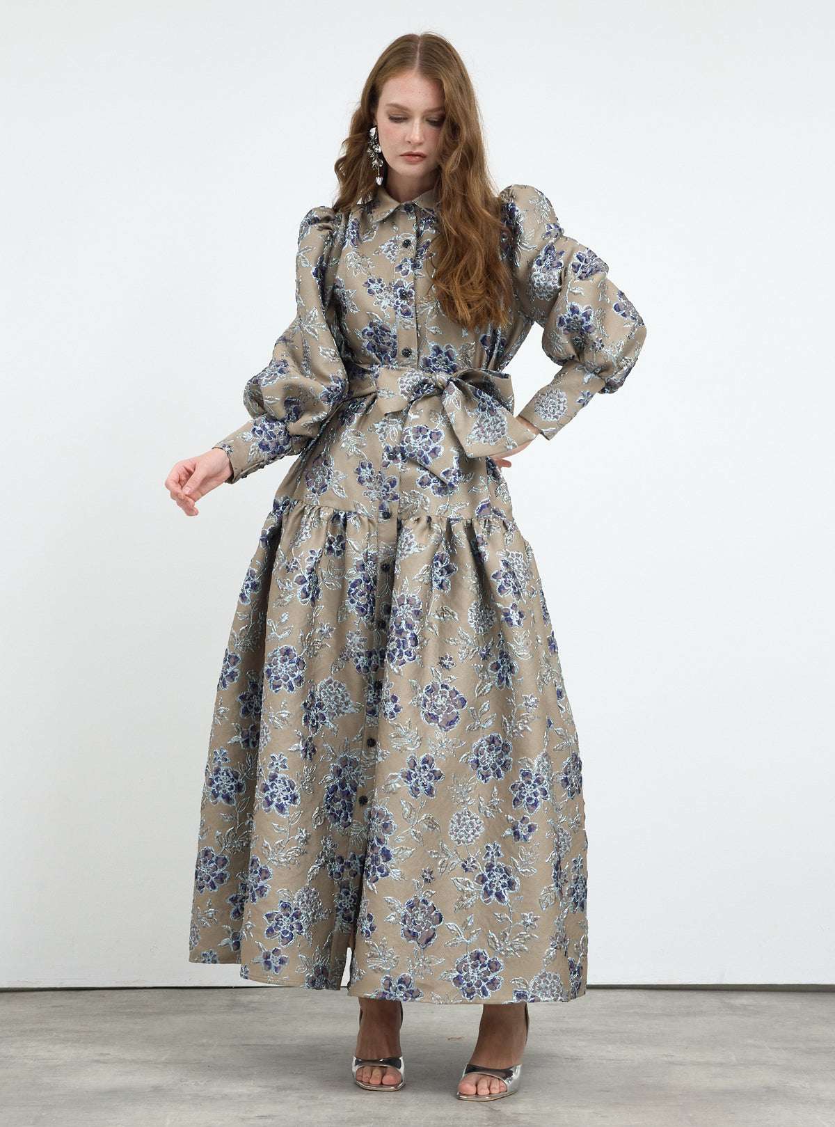 Crystal Button Jacquard Maxi Dress