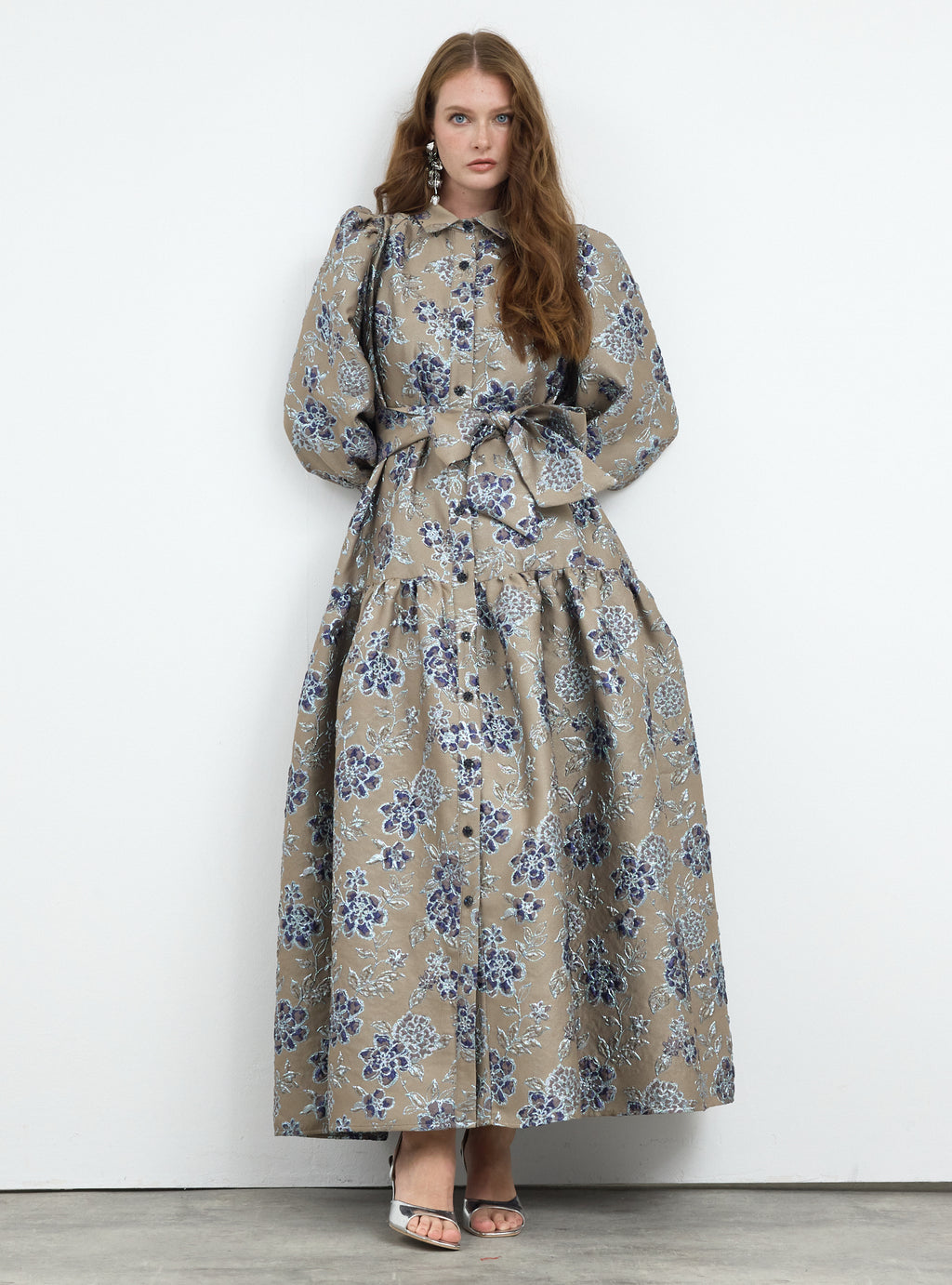 Crystal Button Jacquard Maxi Dress