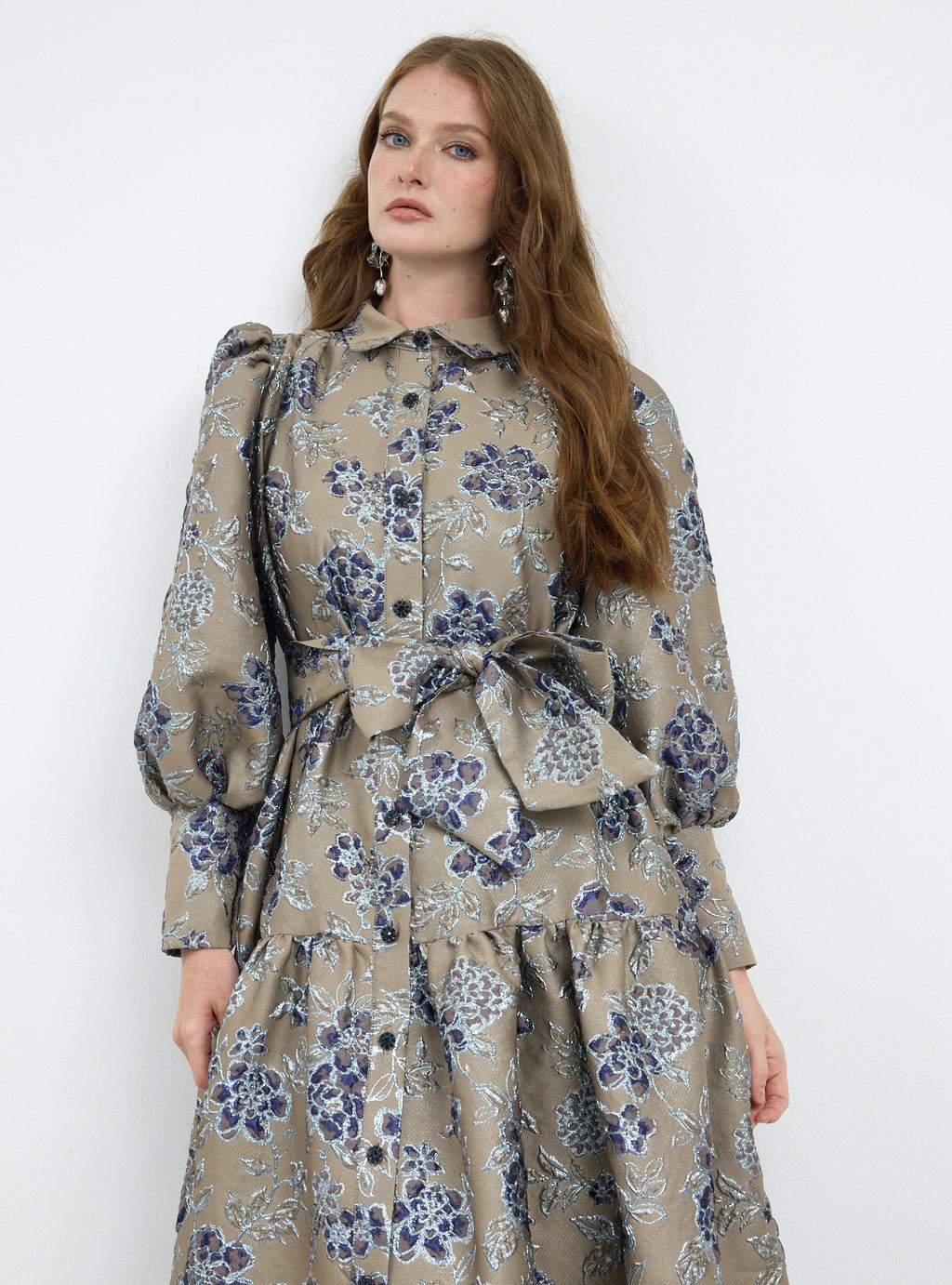 Crystal Button Jacquard Maxi Dress