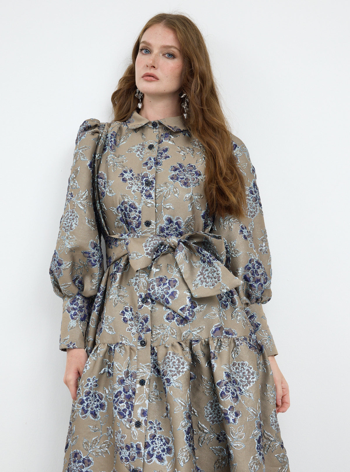 Crystal Button Jacquard Maxi Dress