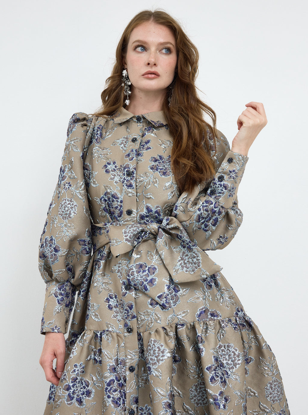 Crystal Button Jacquard Maxi Dress