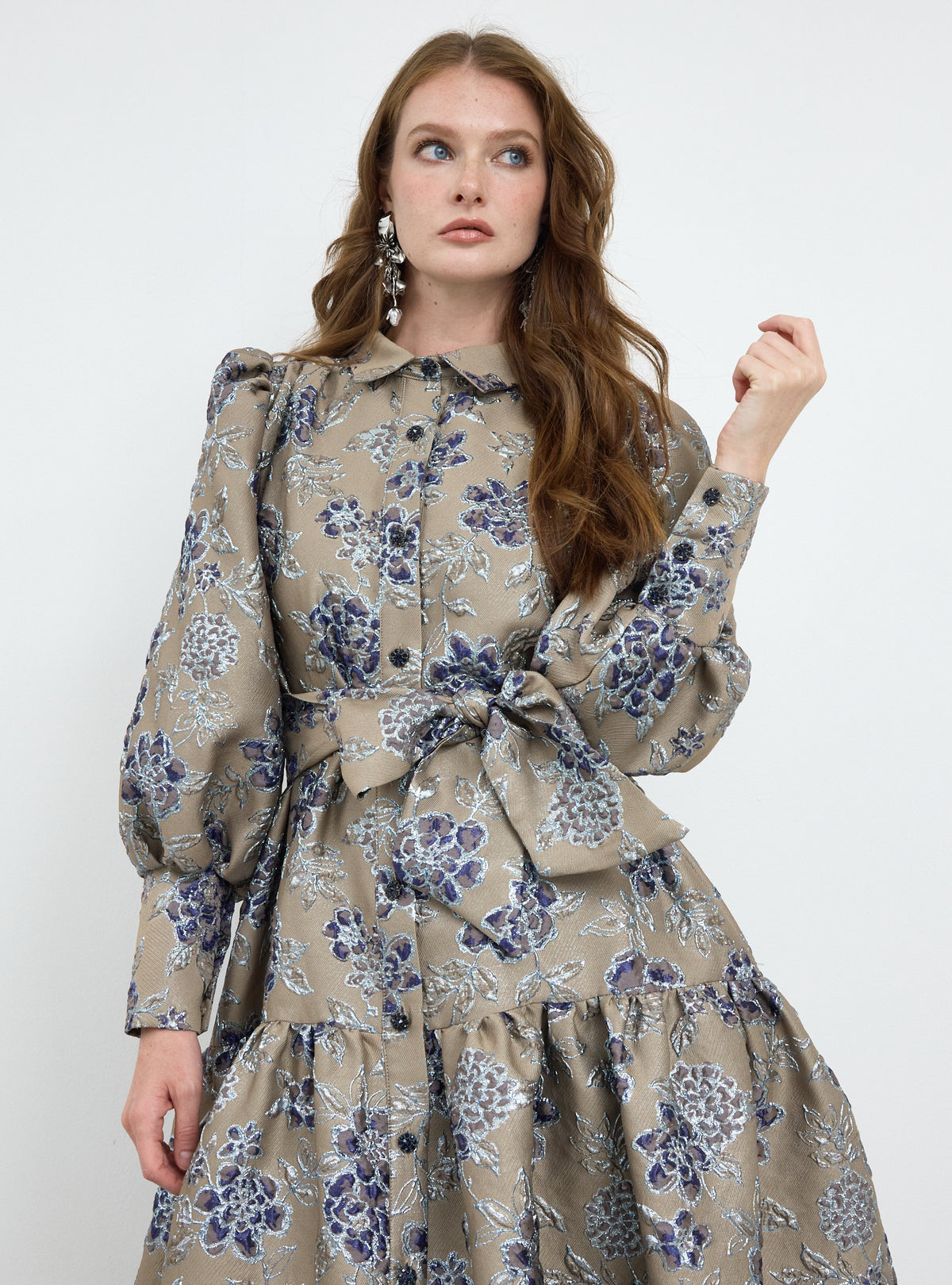 Crystal Button Jacquard Maxi Dress