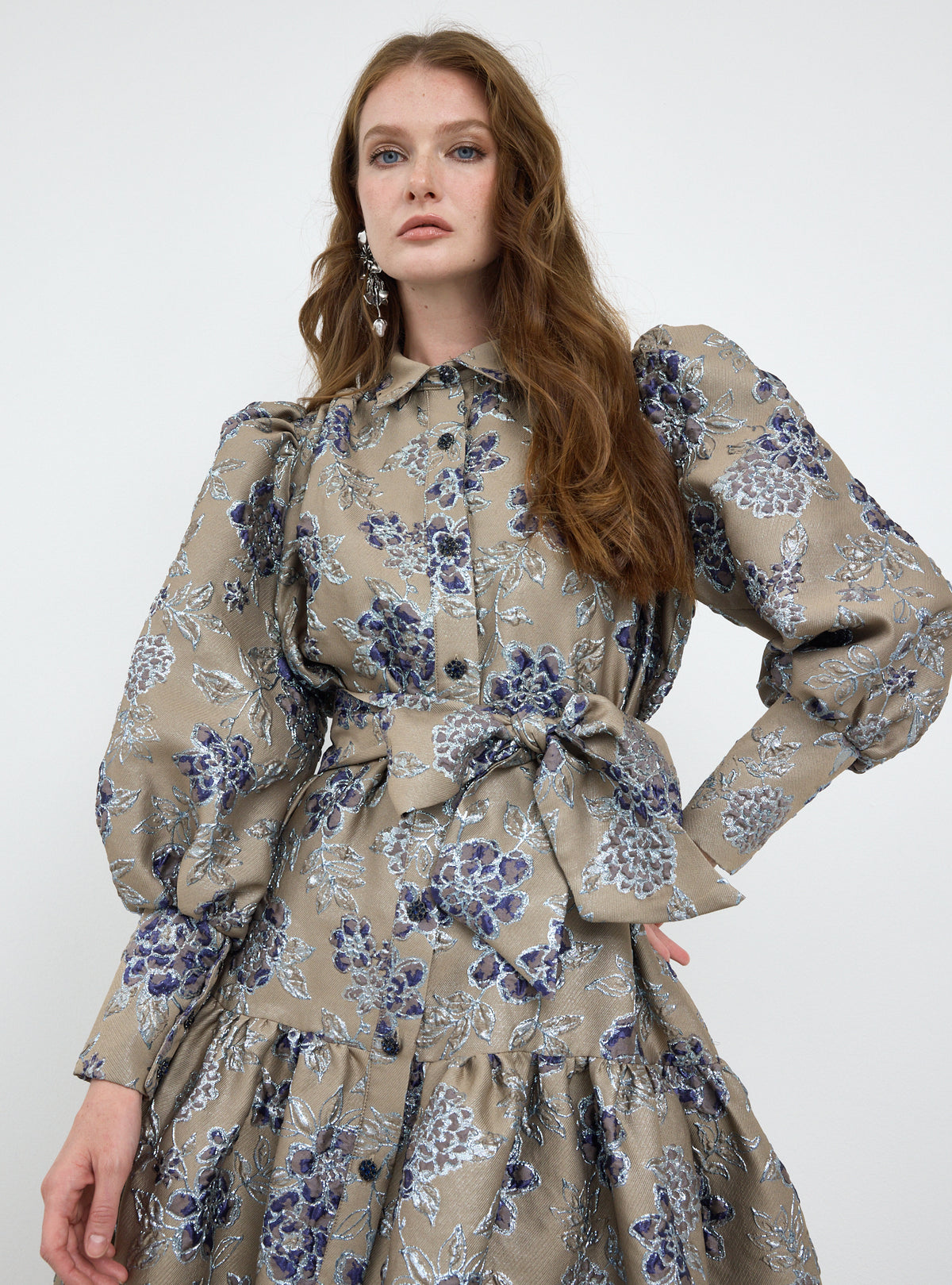 Crystal Button Jacquard Maxi Dress