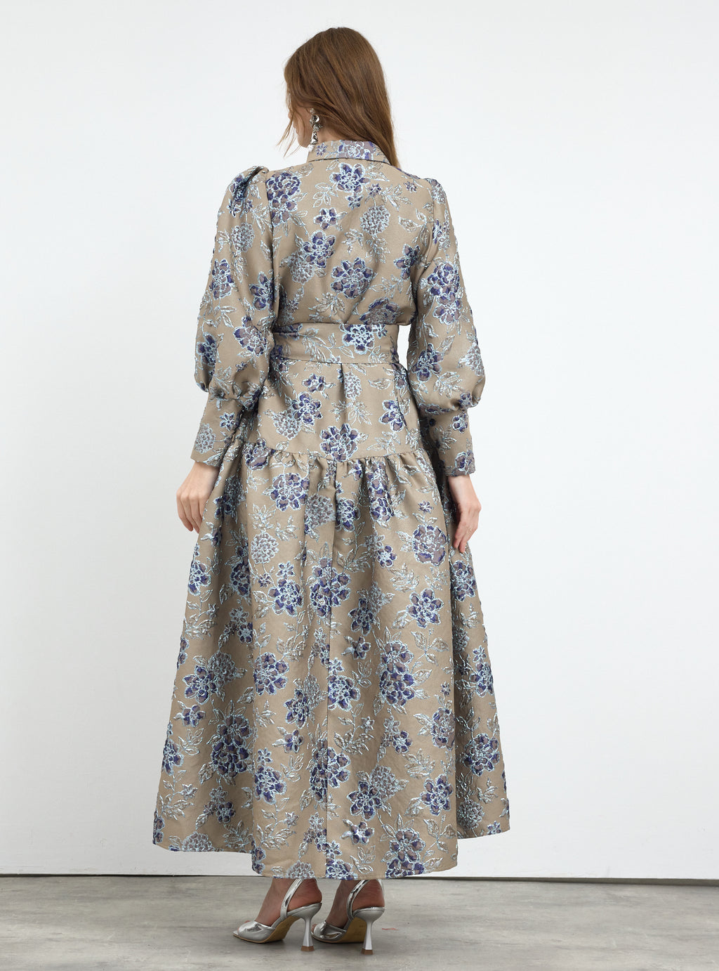 Crystal Button Jacquard Maxi Dress