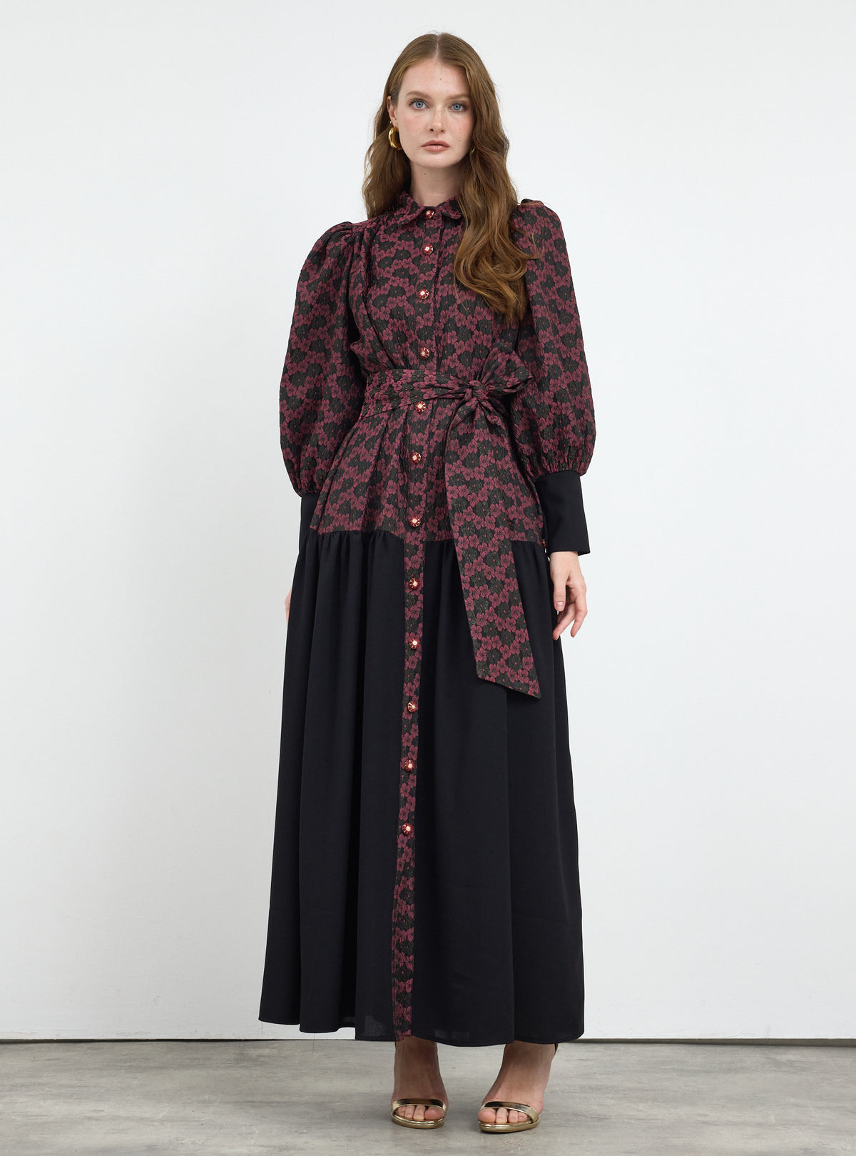 Burgundy Crystal Button Jacquard Maxi Dress
