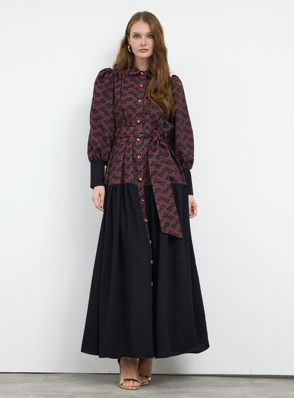 Burgundy Crystal Button Jacquard Maxi Dress