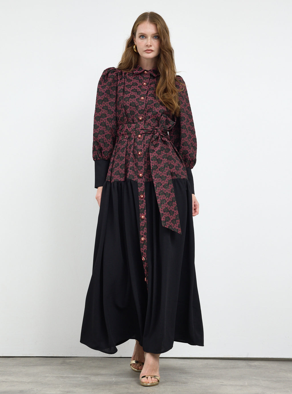 Burgundy Crystal Button Jacquard Maxi Dress