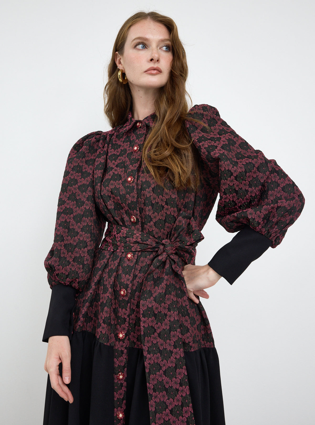 Burgundy Crystal Button Jacquard Maxi Dress