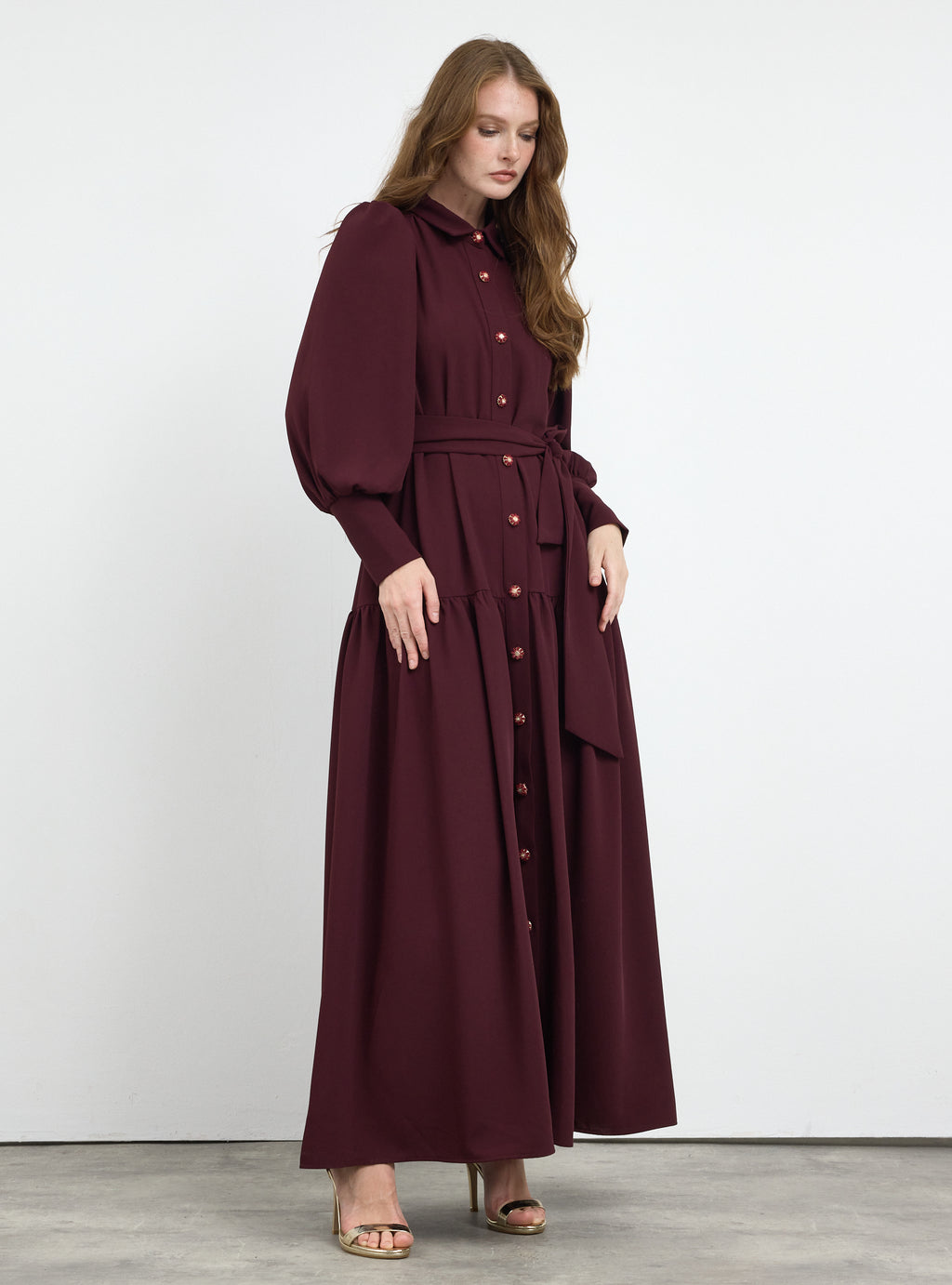 Burgundy Crystal Button Maxi Dress