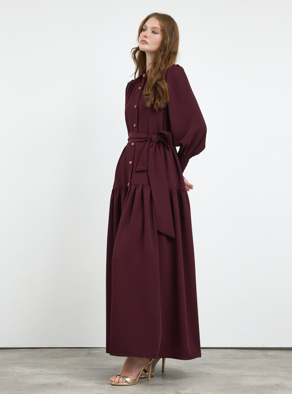 Burgundy Crystal Button Maxi Dress