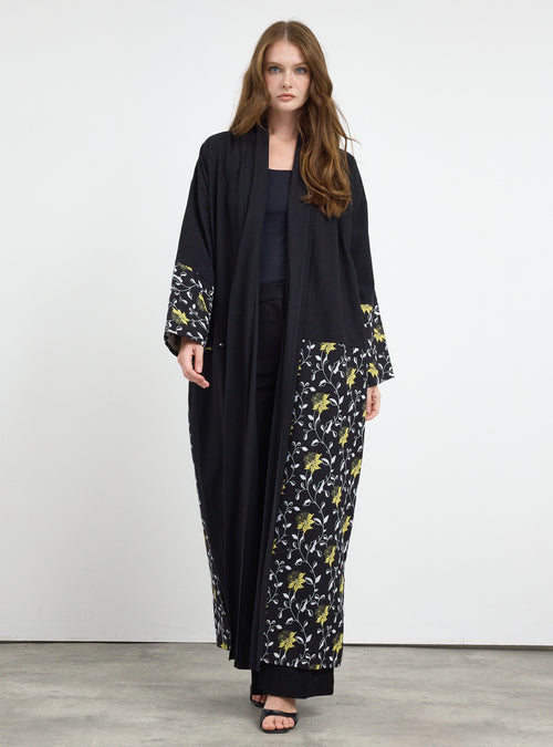 Black Flower Print Abaya - Store WF