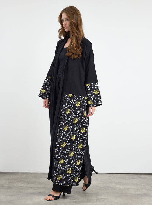 Black Flower Print Abaya - Store WF