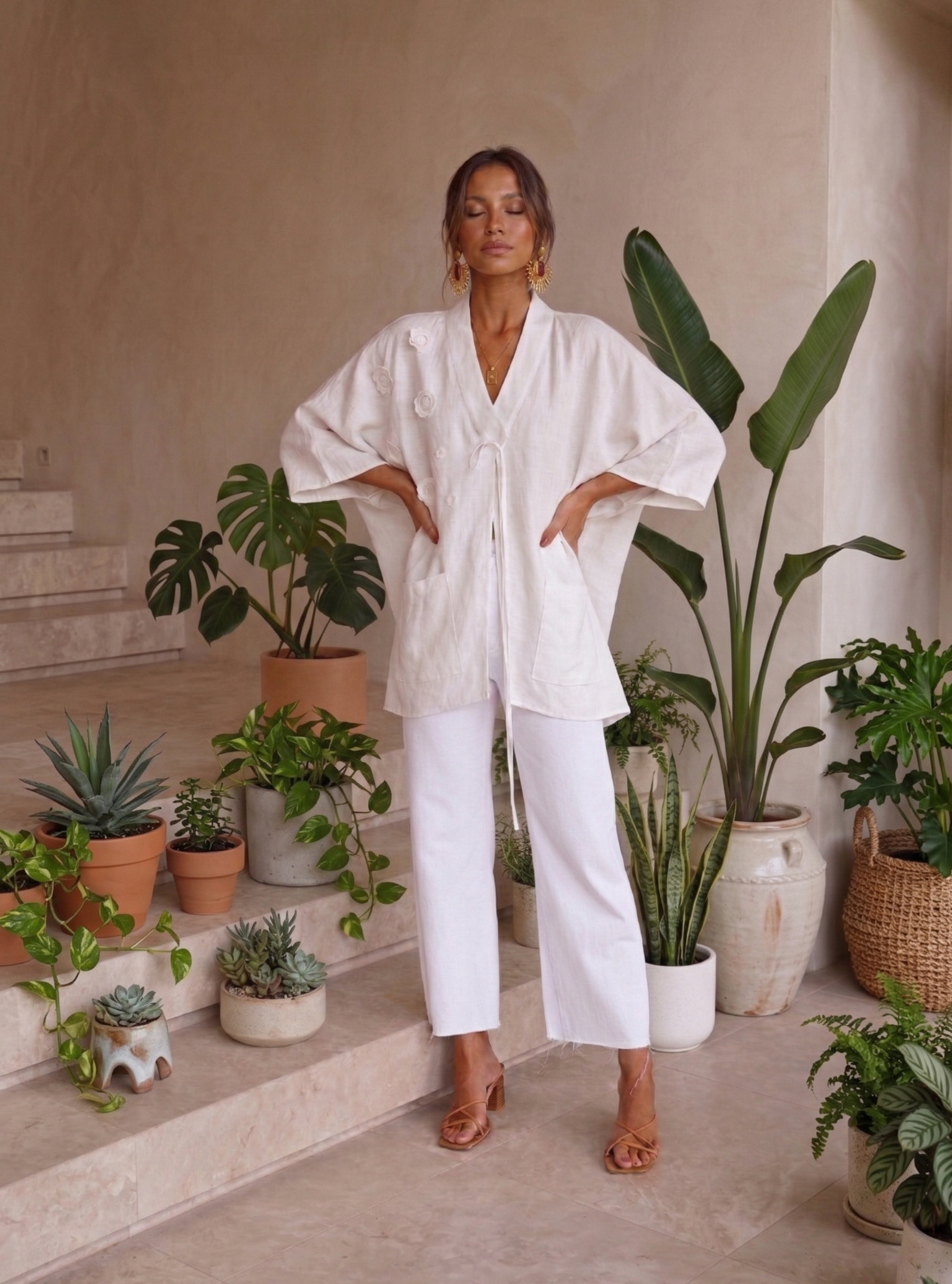 100% Washed Linen White Kimono - Store WF