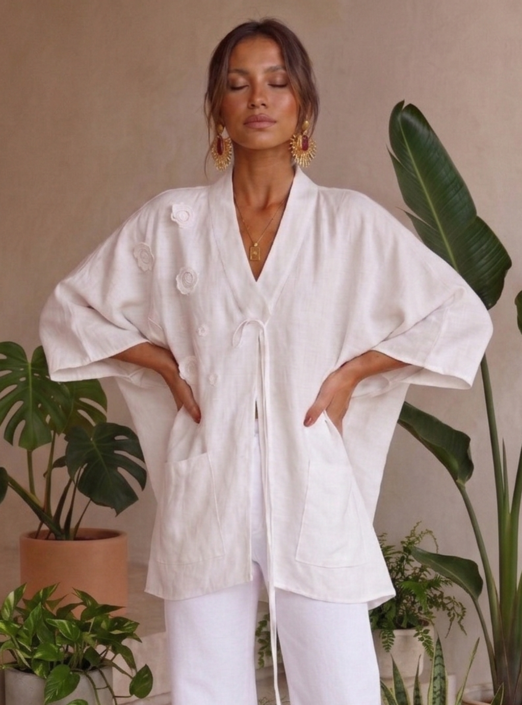 100% Washed Linen White Kimono - Store WF
