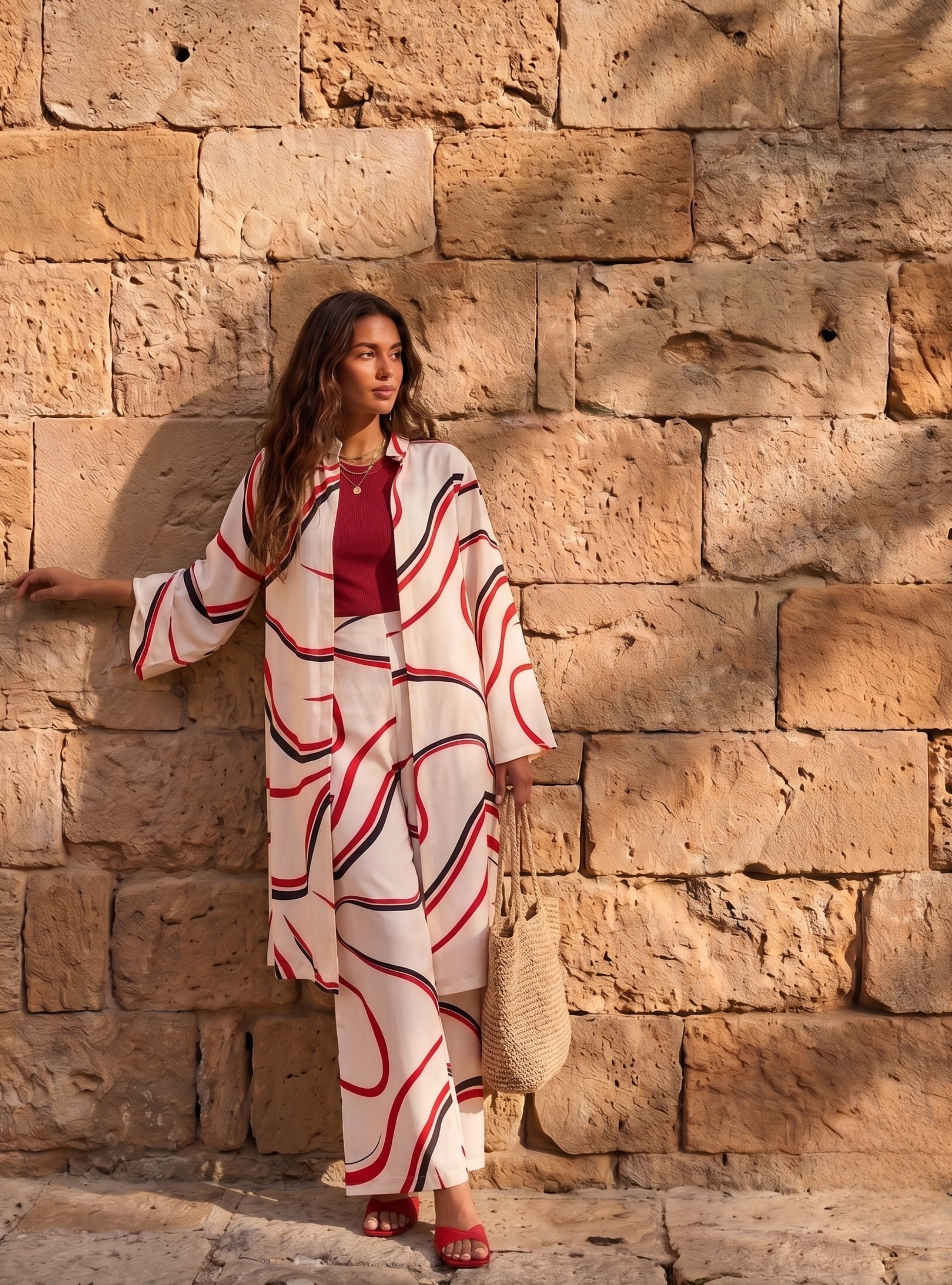 Linen Modern Stripe Kimono Trouser Set