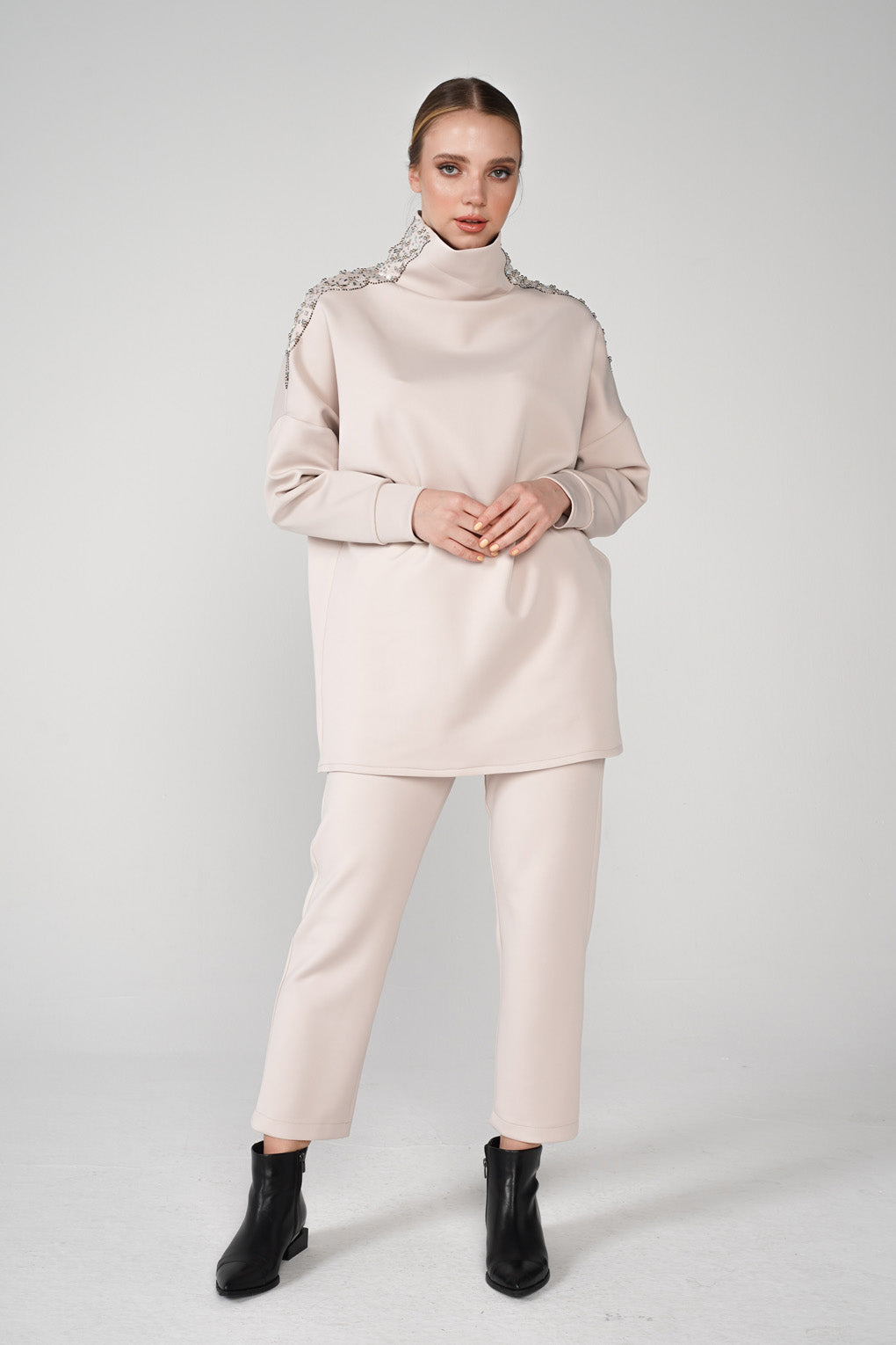 Beige High Neck Scuba Tracksuit Set - Store WF