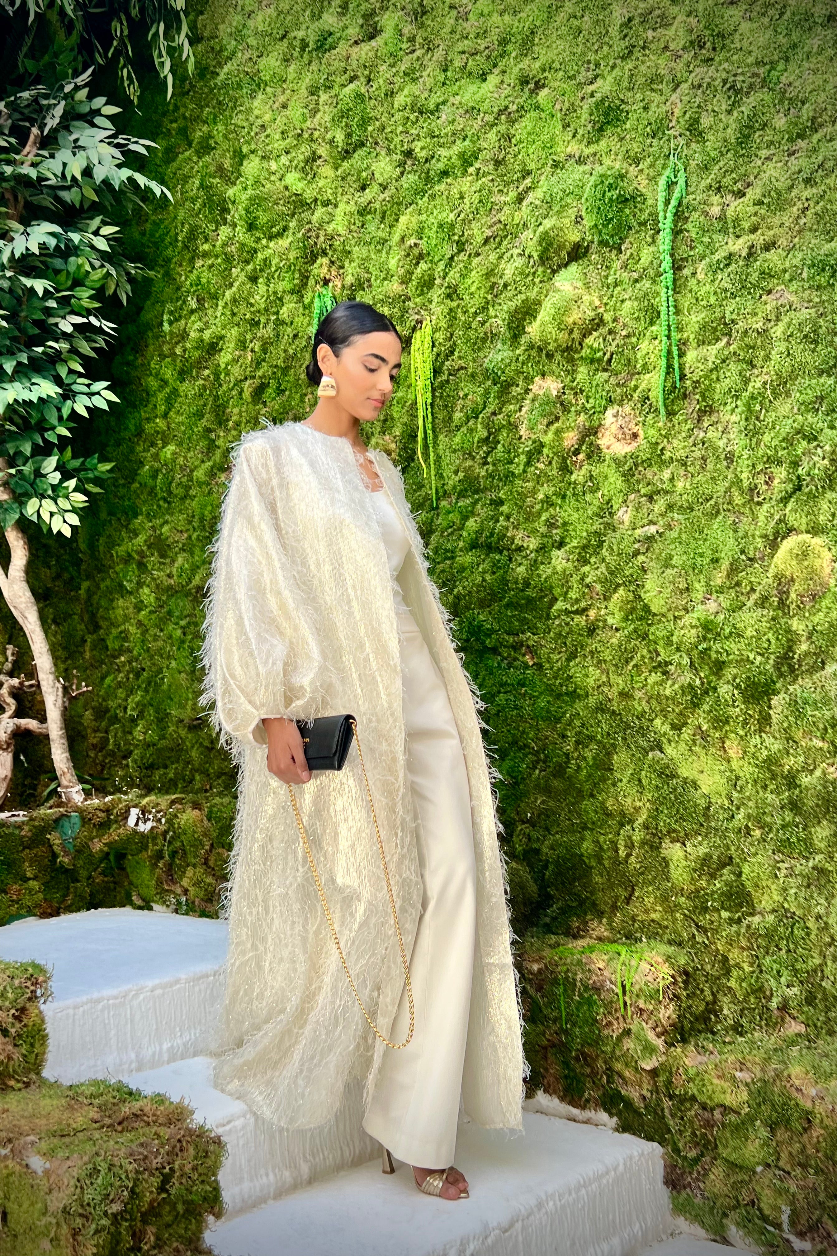 Off White Gold Feather Looks Kaftan Abaya - Store WF