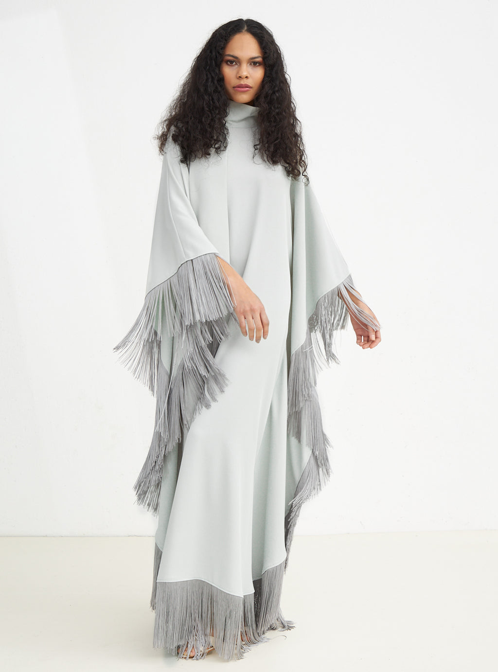 Light Mint Fringed Kaftan Dress With Tie Neck Detailed - Store WF