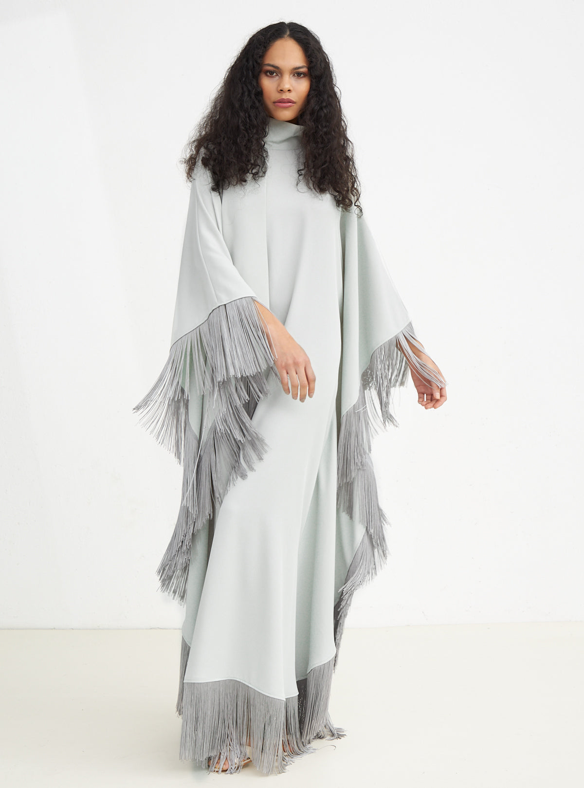 Light Mint Fringed Kaftan Dress With Tie Neck Detailed - Store WF