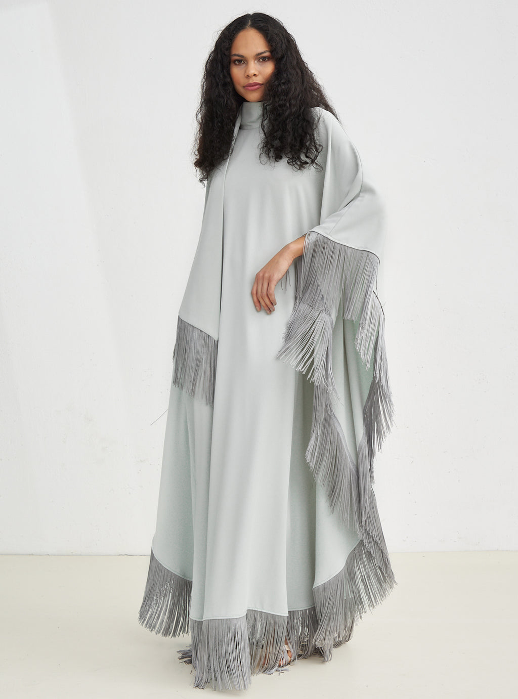 Light Mint Fringed Kaftan Dress With Tie Neck Detailed - Store WF